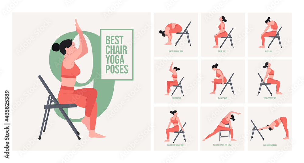 Chair yoga poses. Chair stretching exercises set. Woman workout