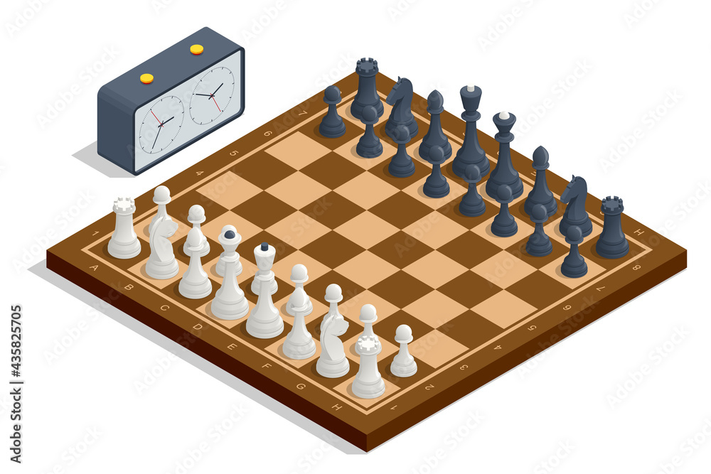 Isometric chess Board and pieces. Chess icons. Board game. A chess piece, or chessman, is any of the six different types of movable objects used on a chessboard to play the game of chess