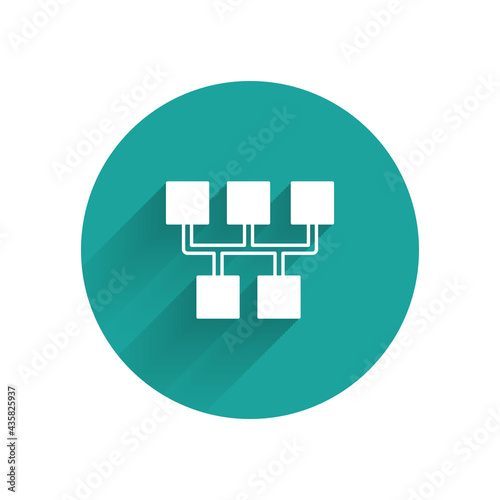 White Gear shifter icon isolated with long shadow. Transmission icon. Green circle button. Vector