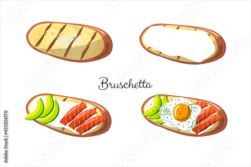 Bruschetta with salmon, cream cheese, avocado, egg. Home cooking. Instructions, recipe
