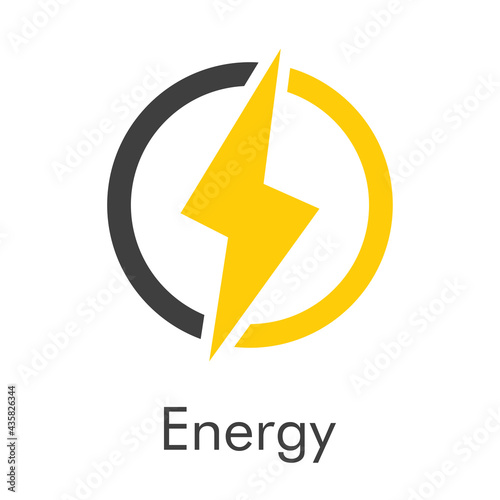Logotipo con texto Energy con relampago en círculo con lineas en color gris y amarillo