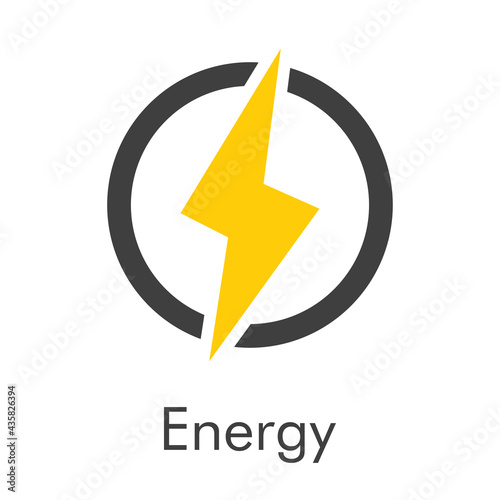 Logotipo con texto Energy con relampago en círculo con lineas en color gris y amarillo