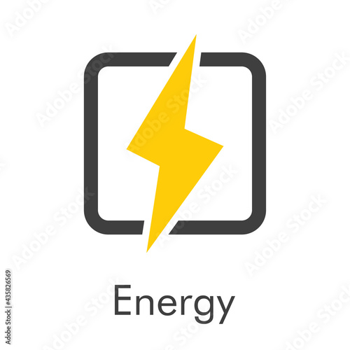 Logotipo con texto Energy con relampago en cuadrado con lineas en color gris y amarillo