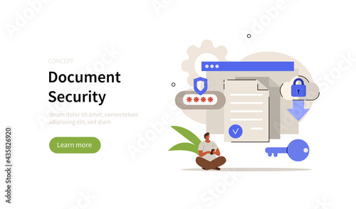 Fototapeta Naklejka Na Ścianę i Meble -  Character using сyber security services to protect documents and personal data. Cloud shared documents, privacy protection and secure files and folders. Flat cartoon vector illustration.