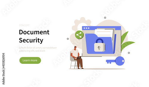 Character using сyber security services to protect documents and personal data. Cloud shared documents, privacy protection and secure files and folders. Flat cartoon vector illustration.