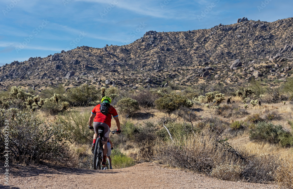 Mountain Bikers Riding A Desert Trail In Arizona