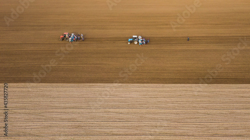 Aerial view of cultivated land tractors. People following tractors and plant.