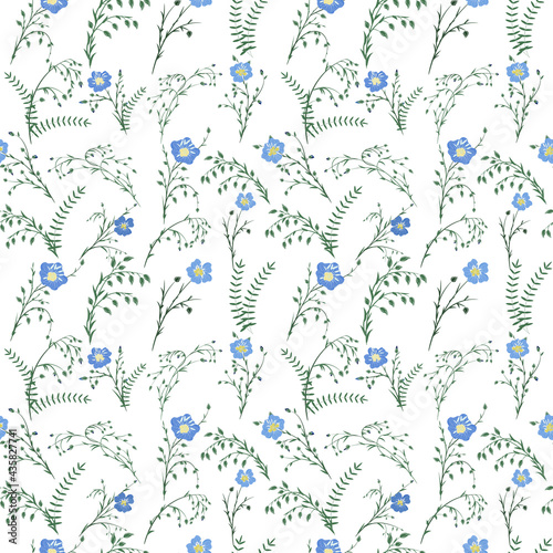 Floral seamless pattern. Wildflowers and grasses, flax buds and blooms, fern leaves on a white background. For printing on textiles, wrapping paper, postcards, notebooks and for other purposes.