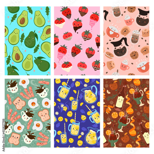 Set of seamless patterns with cute kawaii food. Vector graphics.