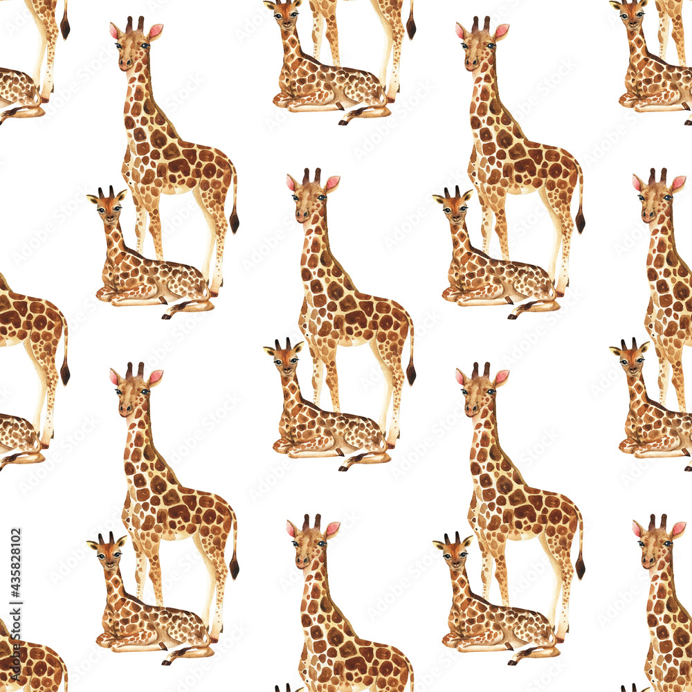 Obraz premium Wild animals in the savannah. Watercolor Zoo seamless pattern. Giraffe.