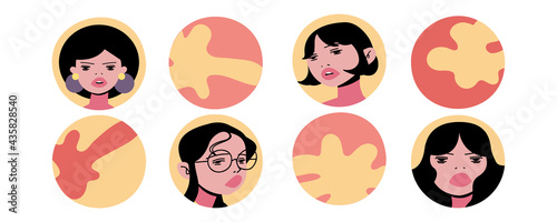 Set of different abstract pattern highlights. Portraits of young cute girls. A round icon for a social media story. Hand-drawn design template. Vector flat illustration.