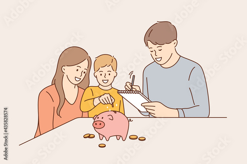 Family budget and saving money concept. Young positive family with child boy cartoon characters sitting and putting coins to pink piggybank to save earnings vector illustration 