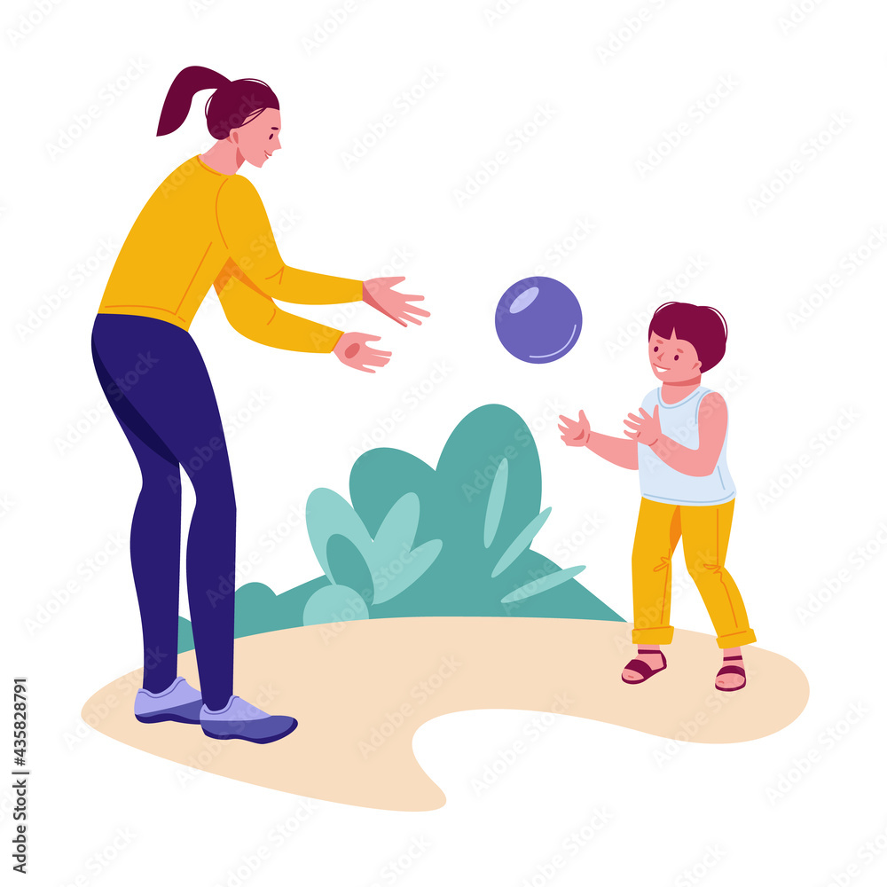 Mom and son play ball in nature. Active summer vacation concept. Vector illustration in flat style. Mom and son play ball in nature. Active summer vacation concept. Vector illustration in flat style.