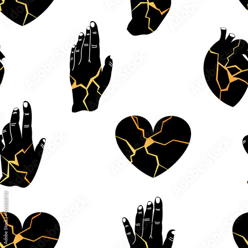 Seamless pattern. Golden vector illustration of Kintsugi. Black human hand, heart in flat style. Restoration of old dishes. A stylish element for your wallpaper, banner, print design.