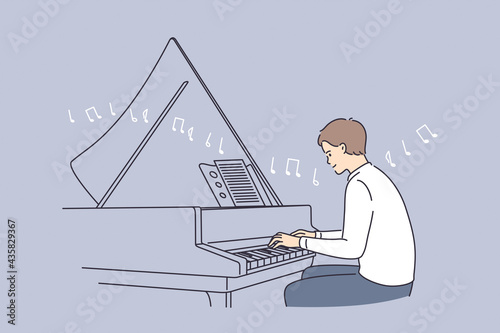 Professional musician and musical education concept. Young smiling man pianist cartoon character sitting playing piano melody with notes vector illustration 