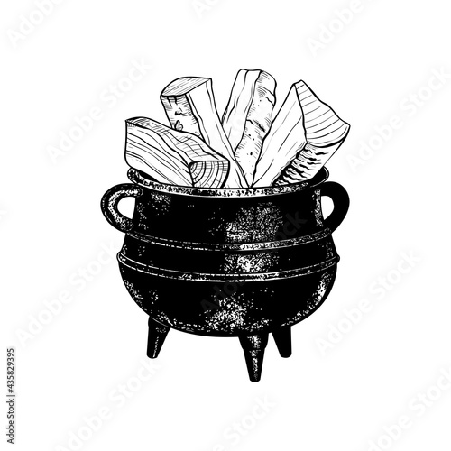 .Old cast iron cauldron with firewood. Vector vintage illustration. Hand-drawn sketch.