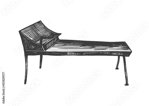 .Hand draw couch of Sigmund Freud. Symbol of psychoanalysis. Monochrome isolated vintage drawing.Vector illustration. photo