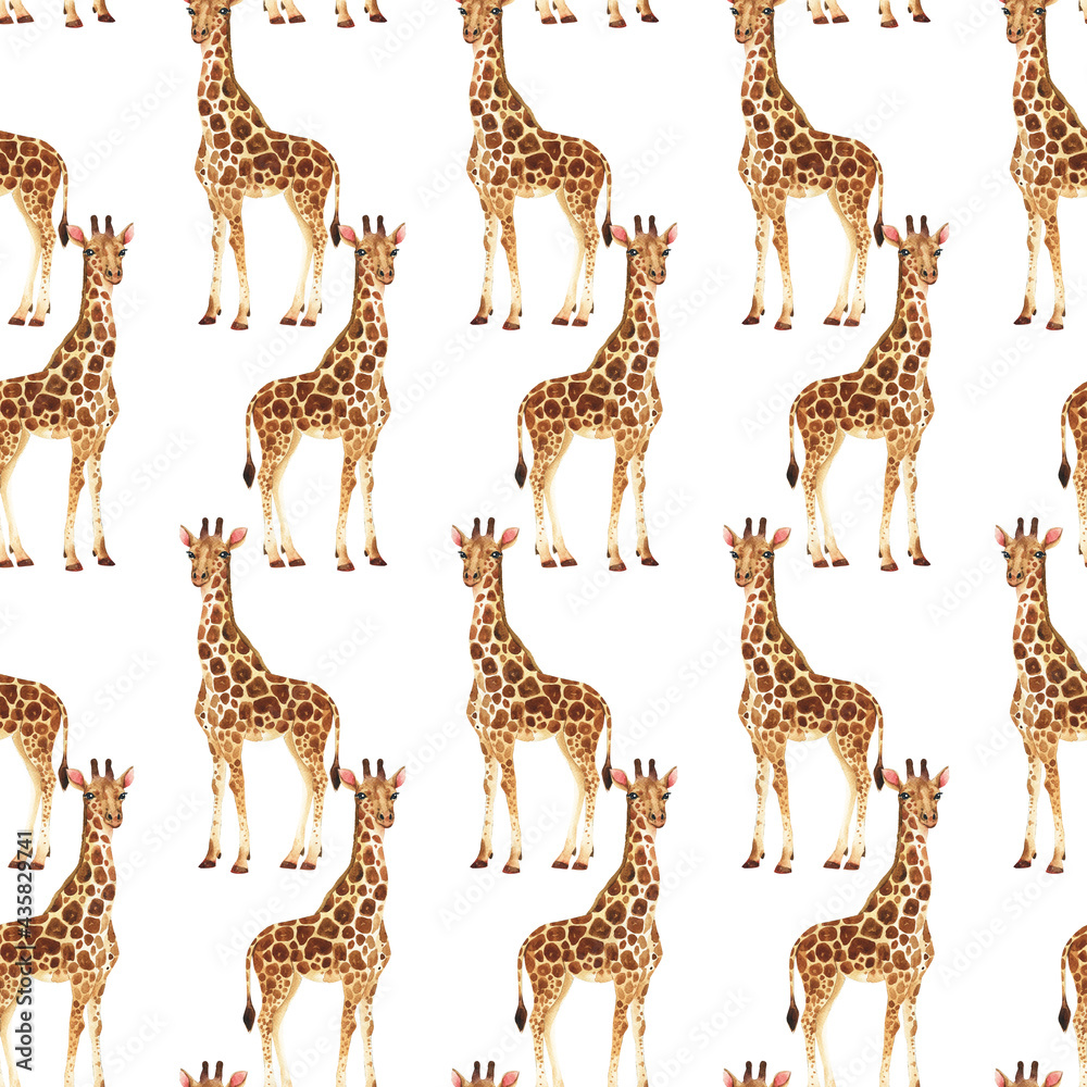 Obraz premium Wild animals in the savannah. Watercolor Zoo seamless pattern. Giraffe. 
