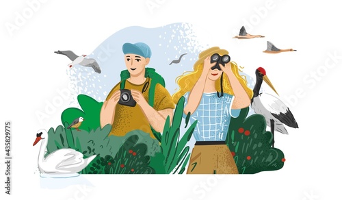 Man takes photos of animals in the wild nature. Girl looks through binoculars and watches the birds. Birdwatching, eco-friendly hobby. Banner concept about local tourism. Cartoon vector illustration