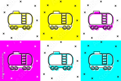 Set Oil railway cistern icon isolated on color background. Train oil tank on railway car. Rail freight. Oil industry. Vector