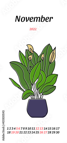 Calendar November 2022. Potted peace lily sketch. Vector indoor flower in a pot. Doodle color illustration of a plant. Cartoon drawing. Design template
