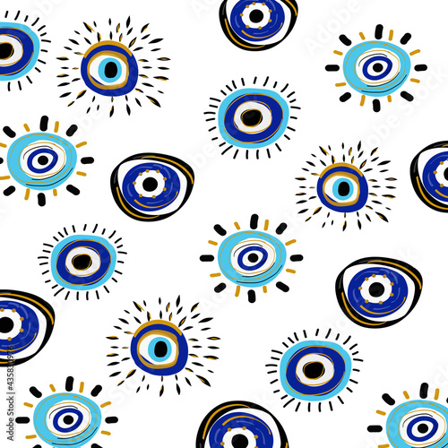 Evil eye vector seamless pattern. Hand drawn various talismans. Different shapes. Flat design. Free hand drawing style.