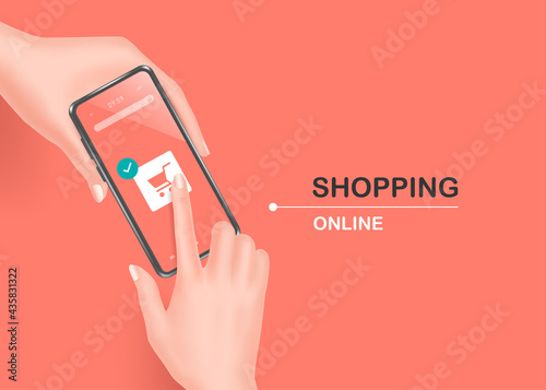 A hand holding a smartphone And opening online shopping app by finger tapping on the shopping cart icon for shopping online concept and all object on pastel pink background,vector 3d isolated 