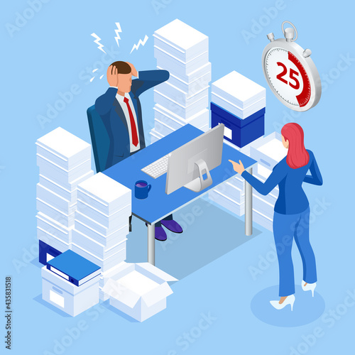 Isometric Project deadline. Time management on the road to success. Deadline Concept of overworked man Time to work Time management project plan schedule.