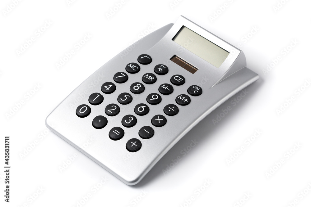 Electronic solar powered desktop calculator isolated on white background Electronic solar powered desktop calculator isolated on white background