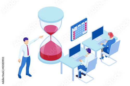 Isometric Project deadline. Time management on the road to success. Deadline Concept of overworked man Time to work Time management project plan schedule.