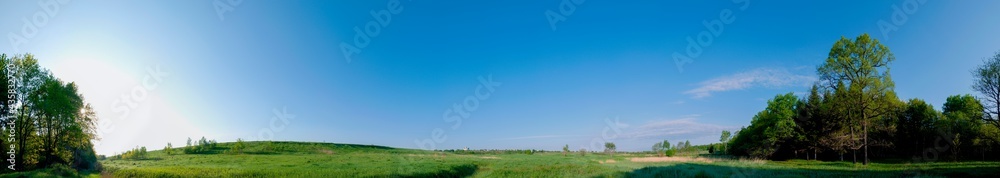 Spring forest and field on a background of blue sky Spring forest and field on a background of blue sky