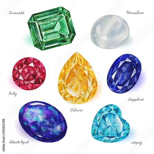 Collection of hand painted watercolor gems photo