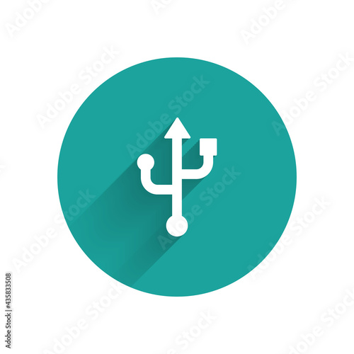 White USB symbol icon isolated with long shadow background. Green circle button. Vector