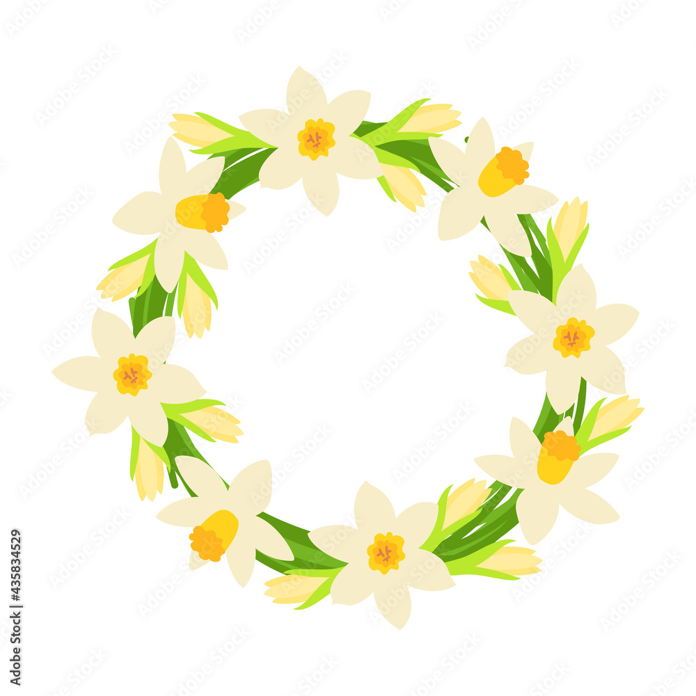 a wreath of blossoming fragrant daffodils and branches with buds. vector illustration. a wreath of blossoming fragrant daffodils and branches with buds. vector illustration.