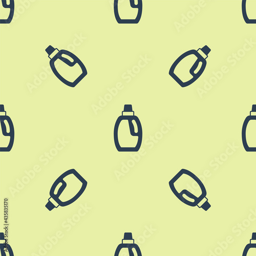 Blue Plastic bottle for laundry detergent, bleach, dishwashing liquid or another cleaning agent icon isolated seamless pattern on yellow background. Vector