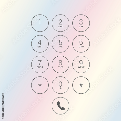 Flat design illustration of dial keyboard touch screen mobile phone with letters and numbers. Transparent circular buttons, vector