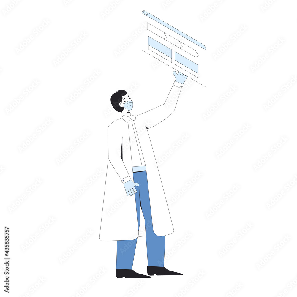 Young scientist. Male character standing with pipeline and thinking about his project isolated on a white background. Researcher reading experiment results. Intern or student. Young scientist. Male character standing with pipeline and thinking about his project isolated on a white background. Researcher reading experiment results. Intern or student.
