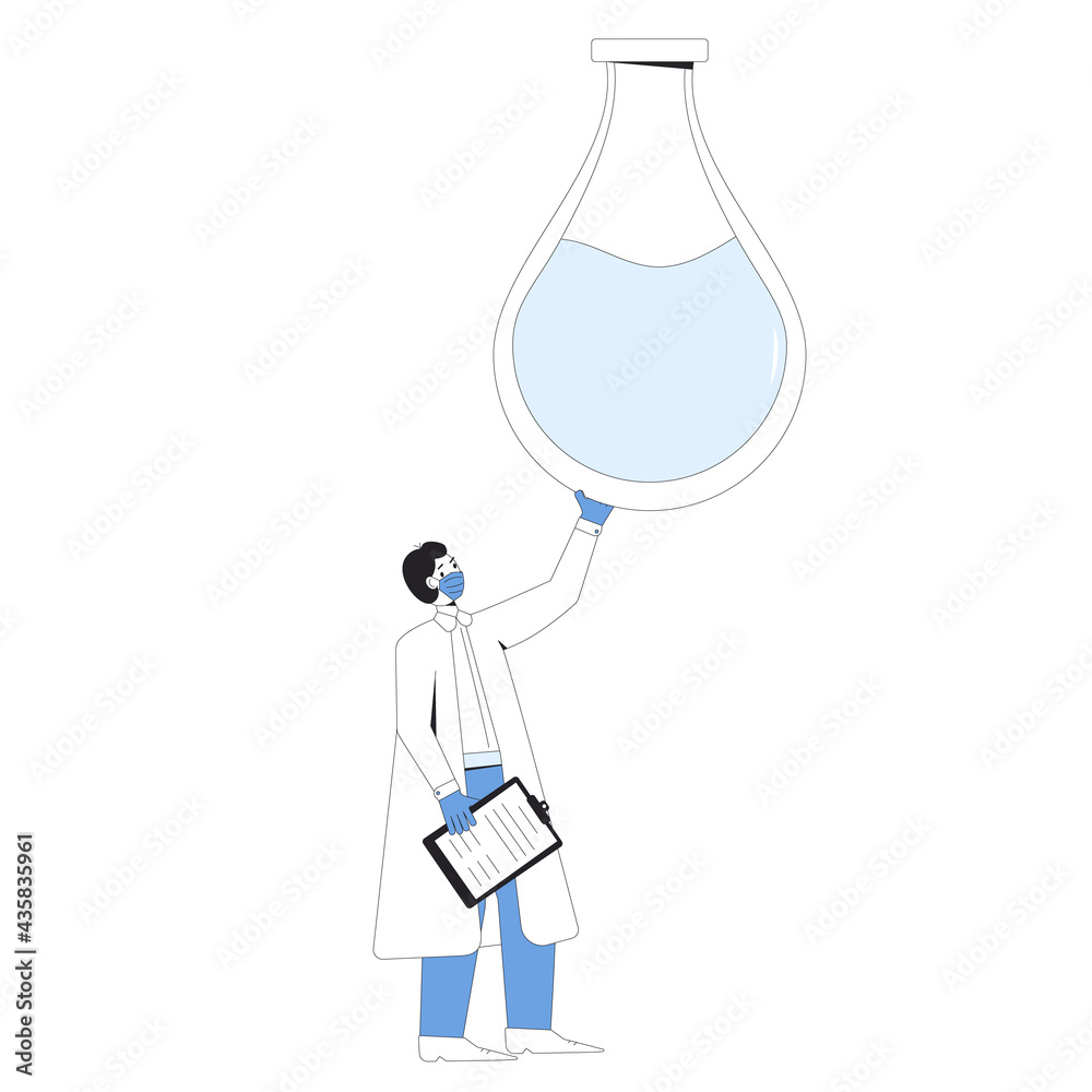 Young scientist. Male character standing with his new project isolated on a white background. Researcher with experiment results. Intern or student of biotech. Young scientist. Male character standing with his new project isolated on a white background. Researcher with experiment results. Intern or student of biotech.