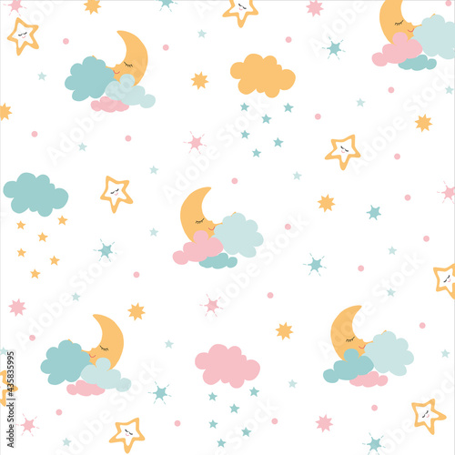 kids poster moon, stars, clouds. Can be use for typography cards, , baby wears, children's clothing, Design bed linen. Cute characters pink, blue,yellow colours. White background. Cartoon style.