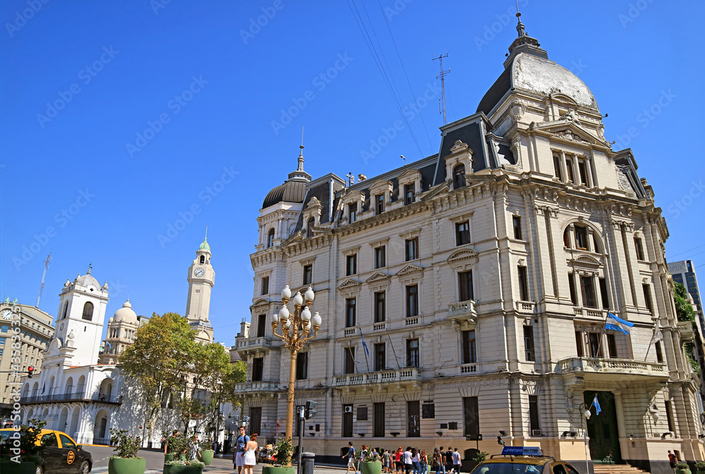 Group of Impressive Buildings in Downtown Buenos Aires View from Plaza de Mayo Square, Argentina, South America