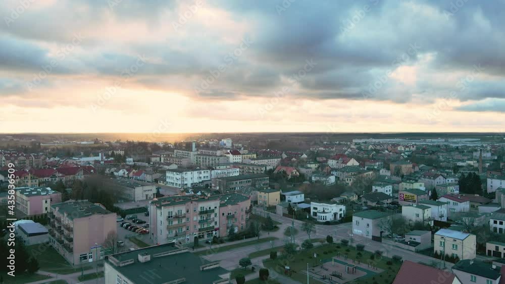 Beautiful sunset over the town of Lubawa Poland - Cinematic drone footage. Beautiful sunset over the town of Lubawa Poland - Cinematic drone footage.