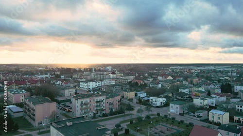 Beautiful sunset over the town of Lubawa Poland - Cinematic drone footage. photo