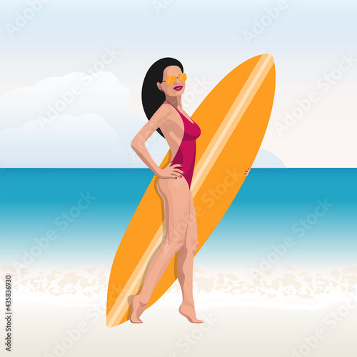 happy surfing girl relaxing on the beach with surfboard. Enjoying Sexy woman On Summer Sea Vacation Vector Illustration