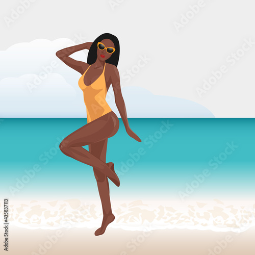 black smiling girl relaxing on the beach and posing. Enjoying Sexy woman On Summer ocean Vacation Vector Illustration