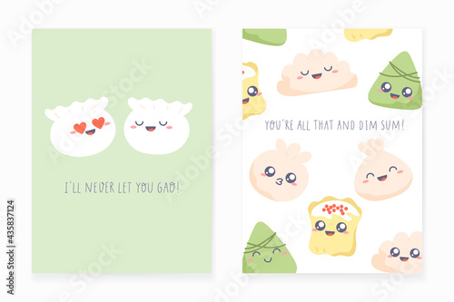 Dim sum - postcard design. Set of greeting cards with dumplings and hand-lettered funny  phrases. Vector kawaii design photo