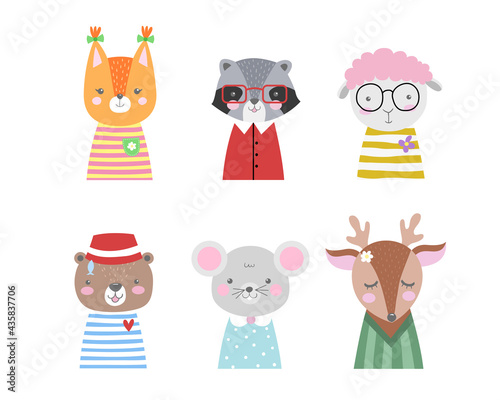 Set of cartoon cute animals in funny clothes for baby cards and invitations. Vector illustration of squirrel, racoon, sheep, bear, mouse, deer.
