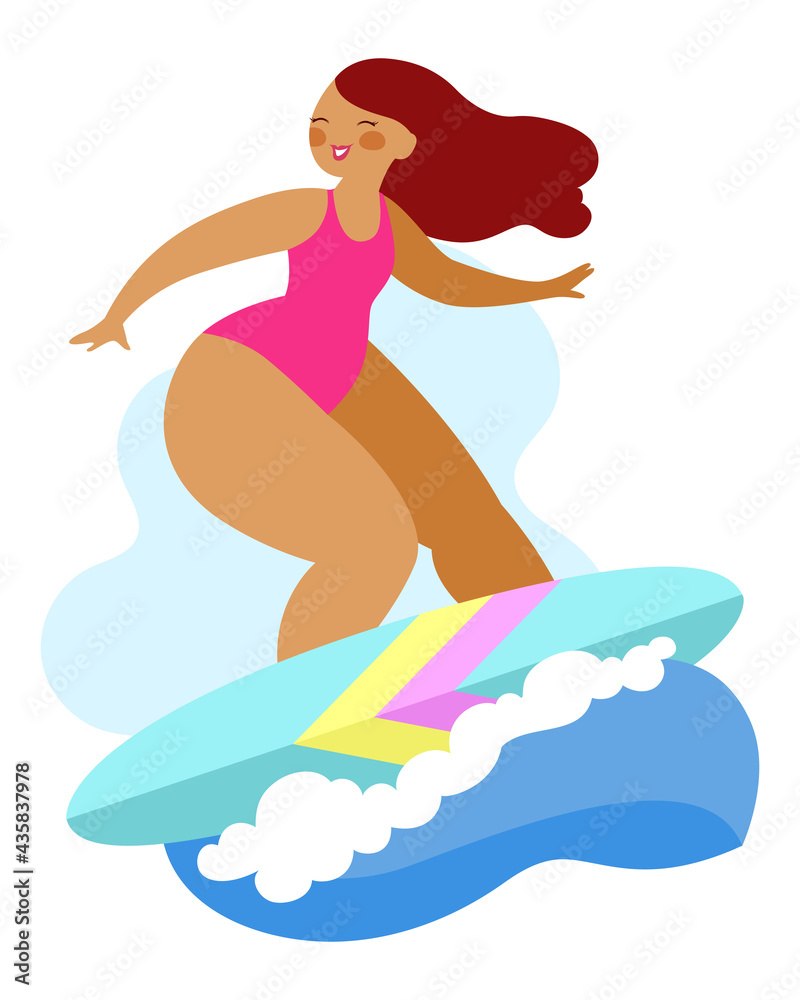Happy plus size girl surfing on the waves. Happy body positive concept. Different is beautiful. Attractive overweight woman. For Fat acceptance movement no fatphobia. Vector illustration on white back Happy plus size girl surfing on the waves. Happy body positive concept. Different is beautiful. Attractive overweight woman. For Fat acceptance movement no fatphobia. Vector illustration on white back