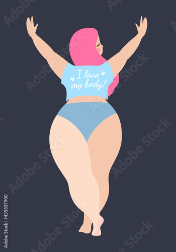 Happy plus size girl posing in a T-shirt with the inscription: I love my body. Happy body positive concept. Different is beautiful. Attractive overweight woman. For Fat acceptance movement no fobia.