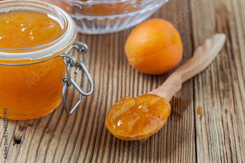 Homemade apricot jam in jars. Homemade preserves concept