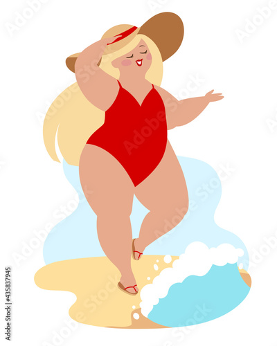 Happy plus size girl in hat and swimsuit on the beach. Happy body positive concept. Different is beautiful. Attractive overweight woman. For Fat acceptance movement no fatphobia. Vector illustration.
